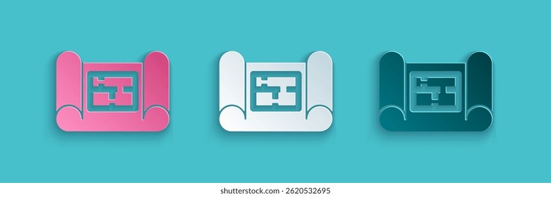 Paper cut House plan icon isolated on blue background. Paper art style. Vector Illustration