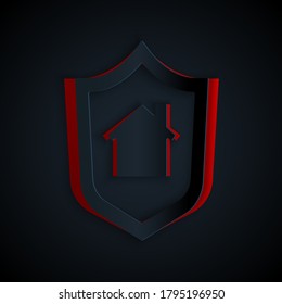 Cortar papel Casa con icono de escudo aislado en fondo negro. Concepto de seguro. Seguridad, seguridad, protección, concepto de protección. Estilo de arte de papel. Vector.