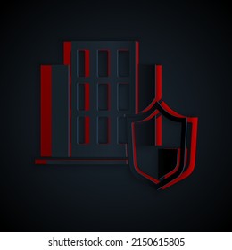 Paper cut House with shield icon isolated on black background. Insurance concept. Security, safety, protection, protect concept. Paper art style. Vector