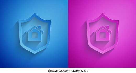Paper cut House with shield icon isolated on blue and purple background. Insurance concept. Security, safety, protection, protect concept. Paper art style. Vector