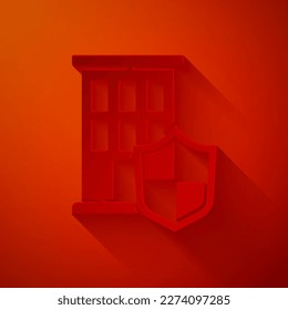 Paper cut House with shield icon isolated on red background. Insurance concept. Security, safety, protection, protect concept. Paper art style. Vector