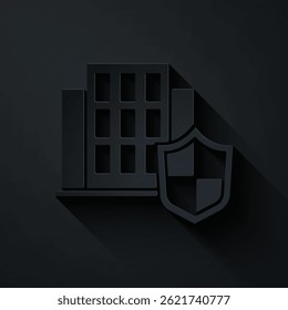 Paper cut House with shield icon isolated on black background. Insurance concept. Security, safety, protection, protect concept. Paper art style. Vector