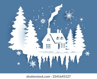 Paper cut house silhouette on a snowy background. Placating Christmas night design for card, banner,ticket, leaflet and so on.