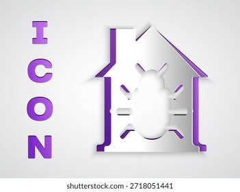 Paper cut House system bug concept icon isolated on grey background. Code bug concept. Bug in the system. Bug searching. Paper art style. Vector