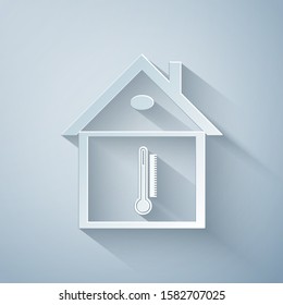 Paper cut House temperature icon isolated on grey background. Thermometer icon. Paper art style. Vector Illustration