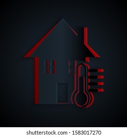 Paper cut House temperature icon isolated on black background. Thermometer icon. Paper art style. Vector Illustration