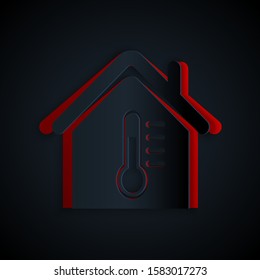 Paper cut House temperature icon isolated on black background. Thermometer icon. Paper art style. Vector Illustration
