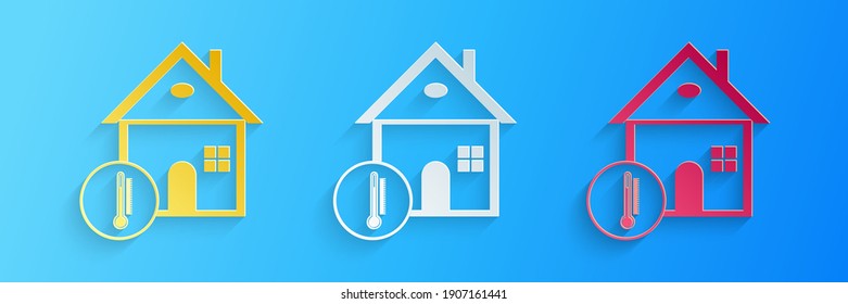 Icono de temperatura de la casa de corte de papel aislado en fondo azul. Icono del termómetro. Estilo de arte de papel. Vector.
