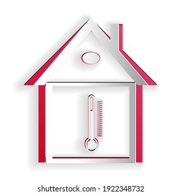 Paper cut House temperature icon isolated on white background. Thermometer icon. Paper art style. Vector.