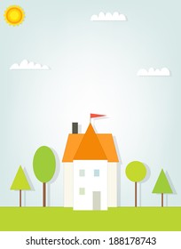 Paper cut house with trees. cutout illustration