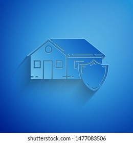 Paper cut House under protection icon isolated on blue background. Protection, safety, security, protect, defense concept. Paper art style. Vector Illustration