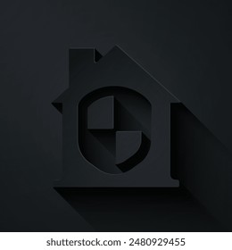 Papier geschnitten Haus unter Schutz-Symbol isoliert auf schwarzem Hintergrund. Heim und Schild. Schutz, Sicherheit, Schutz, Verteidigungskonzept. Papierkunststil. Vektorgrafik