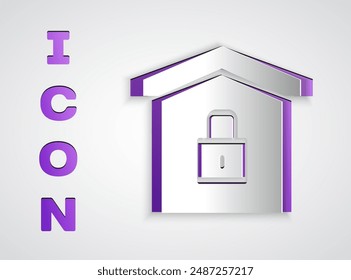 Paper cut House under protection icon isolated on grey background. Home and lock. Protection, safety, security, protect, defense concept. Paper art style. Vector Illustration