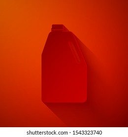 Paper cut Household chemicals blank plastic bottle icon isolated on red background. Liquid detergent or soap, stain remover, laundry bleach. Paper art style. Vector Illustration