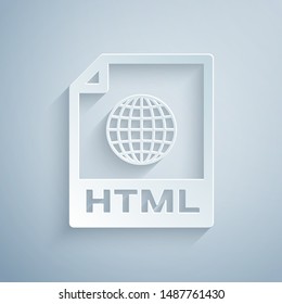 Paper cut HTML file document. Download html button icon isolated on grey background. HTML file symbol. Markup language symbol. Paper art style. Vector Illustration