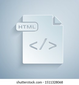 Paper cut HTML file document. Download html button icon isolated on grey background. HTML file symbol. Markup language symbol. Paper art style. Vector Illustration