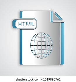 Paper cut HTML file document. Download html button icon isolated on grey background. HTML file symbol. Markup language symbol. Paper art style. Vector Illustration