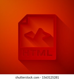 Paper cut HTML file document. Download html button icon isolated on red background. HTML file symbol. Markup language symbol. Paper art style. Vector Illustration