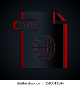 Paper cut HTML file document. Download html button icon isolated on black background. HTML file symbol. Markup language symbol. Paper art style. Vector Illustration