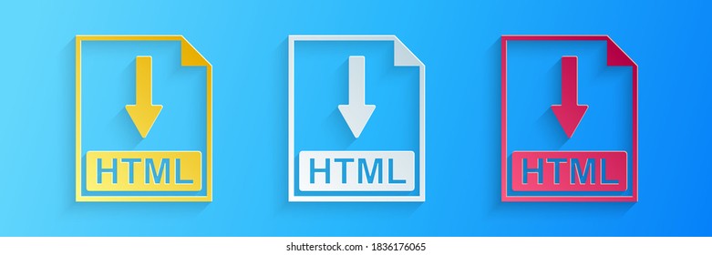 Paper cut HTML file document icon. Download HTML button icon isolated on blue background. Paper art style. Vector.