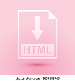 Paper cut HTML file document icon. Download HTML button icon isolated on pink background. Paper art style. Vector.