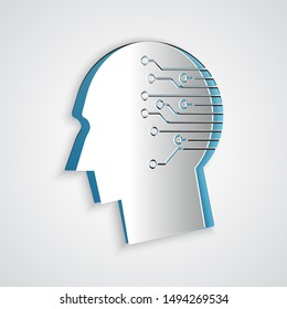 Paper cut Human brain as digital circuit board icon isolated on grey background. Artificial Intelligence. Human head outline with circuit lines inside. Paper art style. Vector Illustration