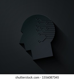 Paper cut Human brain as digital circuit board icon isolated on black background. Artificial Intelligence. Human head outline with circuit lines inside. Paper art style. Vector Illustration