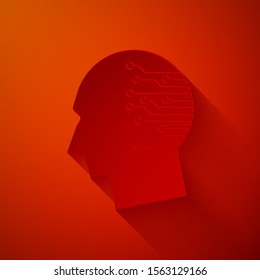 Paper cut Human brain as digital circuit board icon isolated on red background. Artificial Intelligence. Human head outline with circuit lines inside. Paper art style. Vector Illustration