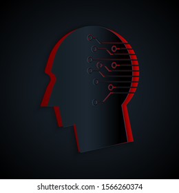 Paper cut Human brain as digital circuit board icon isolated on black background. Artificial Intelligence. Human head outline with circuit lines inside. Paper art style. Vector Illustration