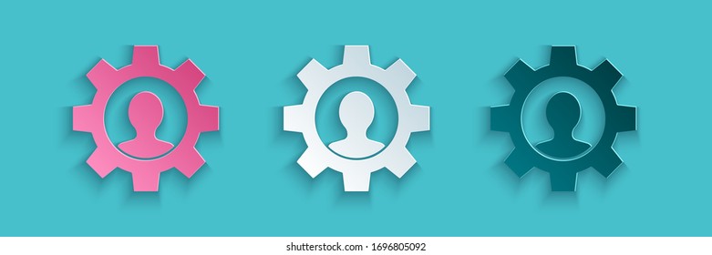 Paper cut Human with gear inside icon isolated on blue background. Artificial intelligence. Thinking brain sign. Symbol work of brain. Paper art style. Vector Illustration