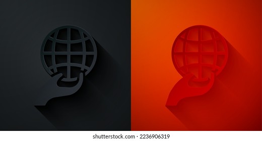 Paper cut Human hand holding Earth globe icon isolated on black and red background. Save earth concept. Paper art style. Vector