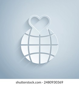 Paper cut Human hand holding Earth globe icon isolated on grey background. Save earth concept. Paper art style. Vector