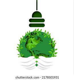 Paper Cut Human Hands Protecting Ecology Light Bulb On White Background.