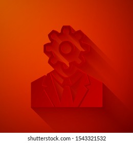 Paper cut Human head with gear inside icon isolated on red background. Artificial intelligence. Thinking brain sign. Symbol work of brain. Paper art style. Vector Illustration