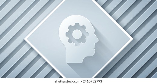 Papier schneiden menschlicher Kopf mit Gang in der Ikone einzeln auf grauem Hintergrund. Künstliche Intelligenz. Denken Sie an das Gehirn. Symbolarbeit des Gehirns. Kunststil aus Papier. Vektorgrafik