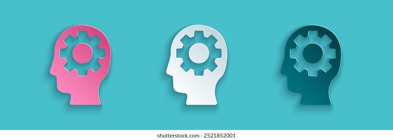 Paper cut Human head with gear inside icon isolated on blue background. Artificial intelligence. Thinking brain. Symbol work of brain. Paper art style. Vector Illustration