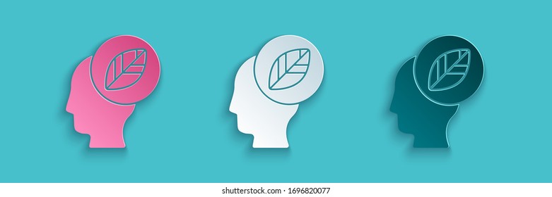 Cortar papel Cabeza humana con ícono de la hoja interior aislado en fondo azul. Estilo de arte de papel. Ilustración vectorial