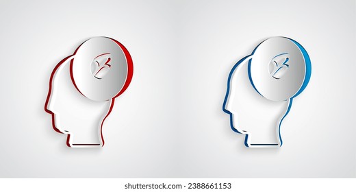 Cortado de papel Cabeza humana con hoja dentro del icono aislado Fondo de corte de papel. Estilo de arte de papel. Vector