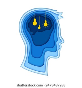 Paper cut human head with light bulb ideas. 3d vector layered papercut frame in shape of of a male head profile, with glowing light bulbs symbolizing thoughts, insight and inspiration inside the brain