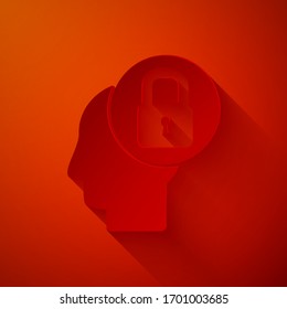 Cortado de papel Cabeza humana con icono de bloqueo aislado en el fondo rojo. Estilo de arte de papel. Ilustración vectorial