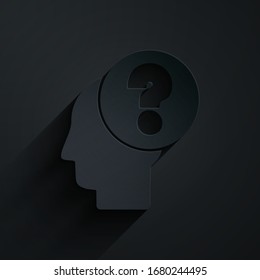 Paper cut Human head with question mark icon isolated on black background. Paper art style. Vector Illustration