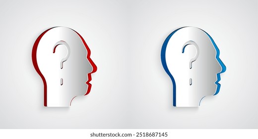 Paper cut Human head with question mark icon isolated on grey background. Paper art style. Vector