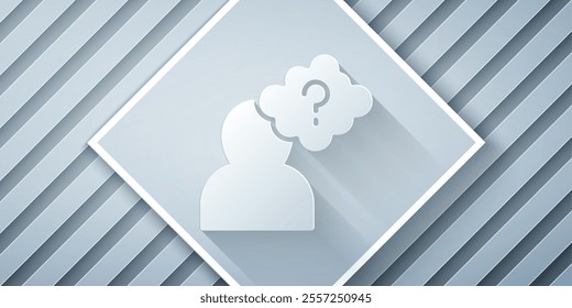 Paper cut Human head with question mark icon isolated on grey background. Paper art style. Vector