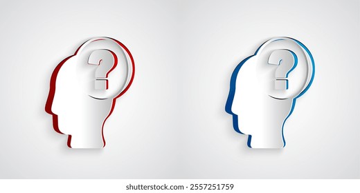 Paper cut Human head with question mark icon isolated on grey background. Paper art style. Vector
