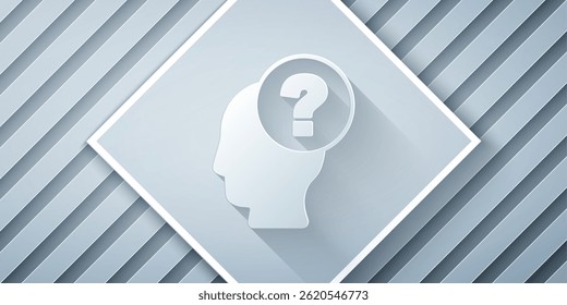 Paper cut Human head with question mark icon isolated on grey background. Paper art style. Vector