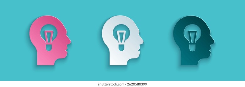 Paper cut Human with lamp bulb icon isolated on blue background. Concept of idea. Paper art style. Vector