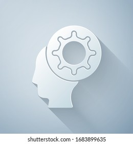 Paper cut Human and virus icon isolated on grey background. Corona virus 2019-nCoV. Bacteria and germs, cell cancer, microbe, fungi. Paper art style. Vector Illustration