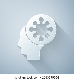 Paper cut Human and virus icon isolated on grey background. Corona virus 2019-nCoV. Bacteria and germs, cell cancer, microbe, fungi. Paper art style. Vector Illustration