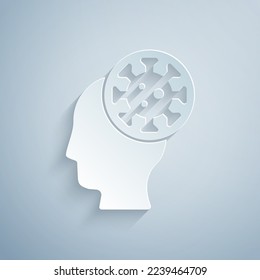 Paper cut Human and virus icon isolated on grey background. Corona virus 2019-nCoV. Bacteria and germs, cell cancer, microbe, fungi. Paper art style. Vector
