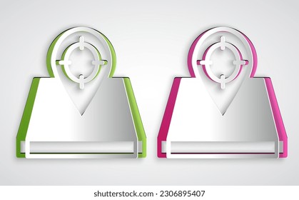 Paper cut Hunt place icon isolated on grey background. Navigation, pointer, location, map, gps, direction, place, compass, contact, search. Paper art style. Vector